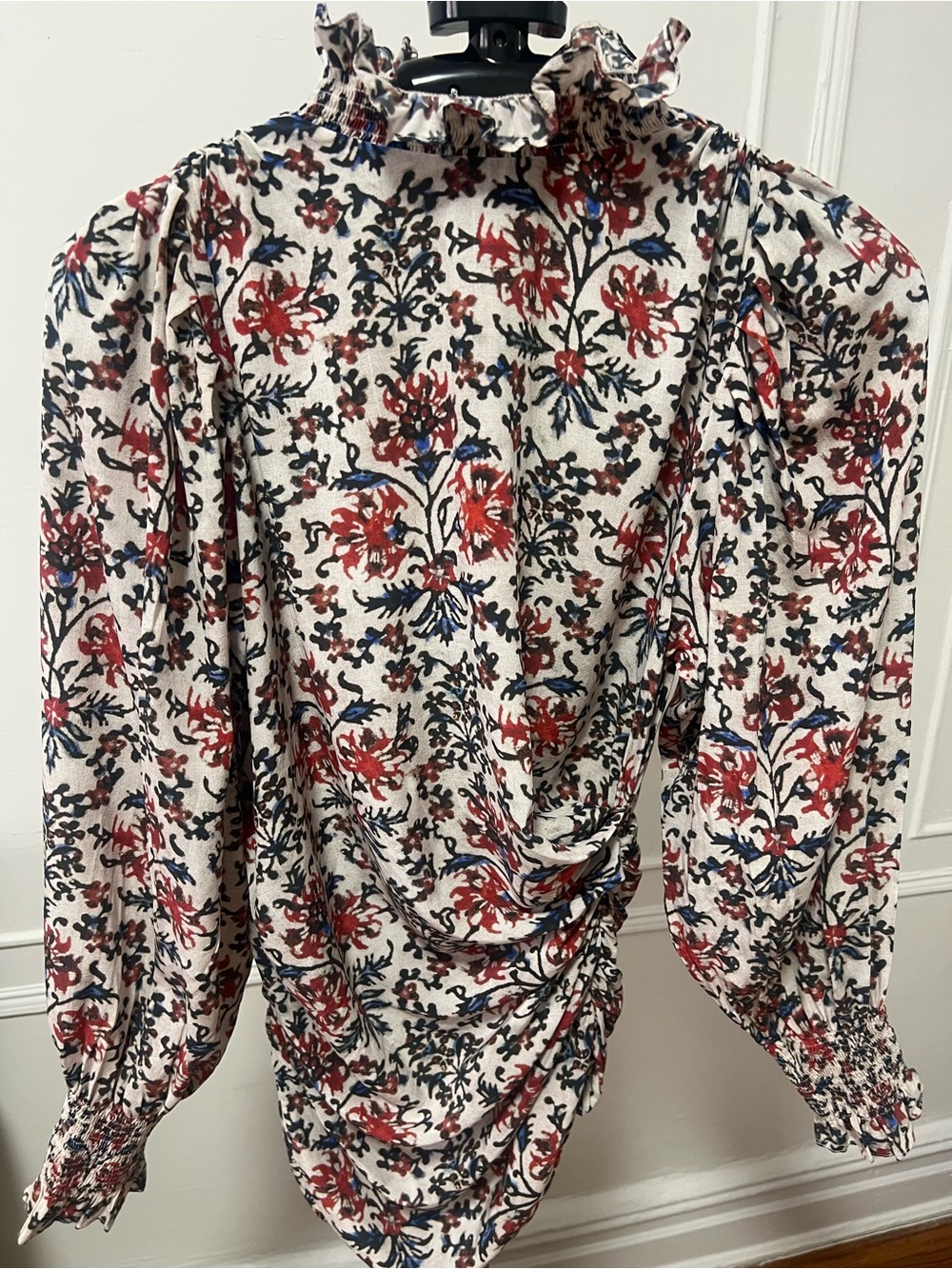 ISABEL MARANT Floral Ruffle-Neck Long Sleeve Top in Cream and Red